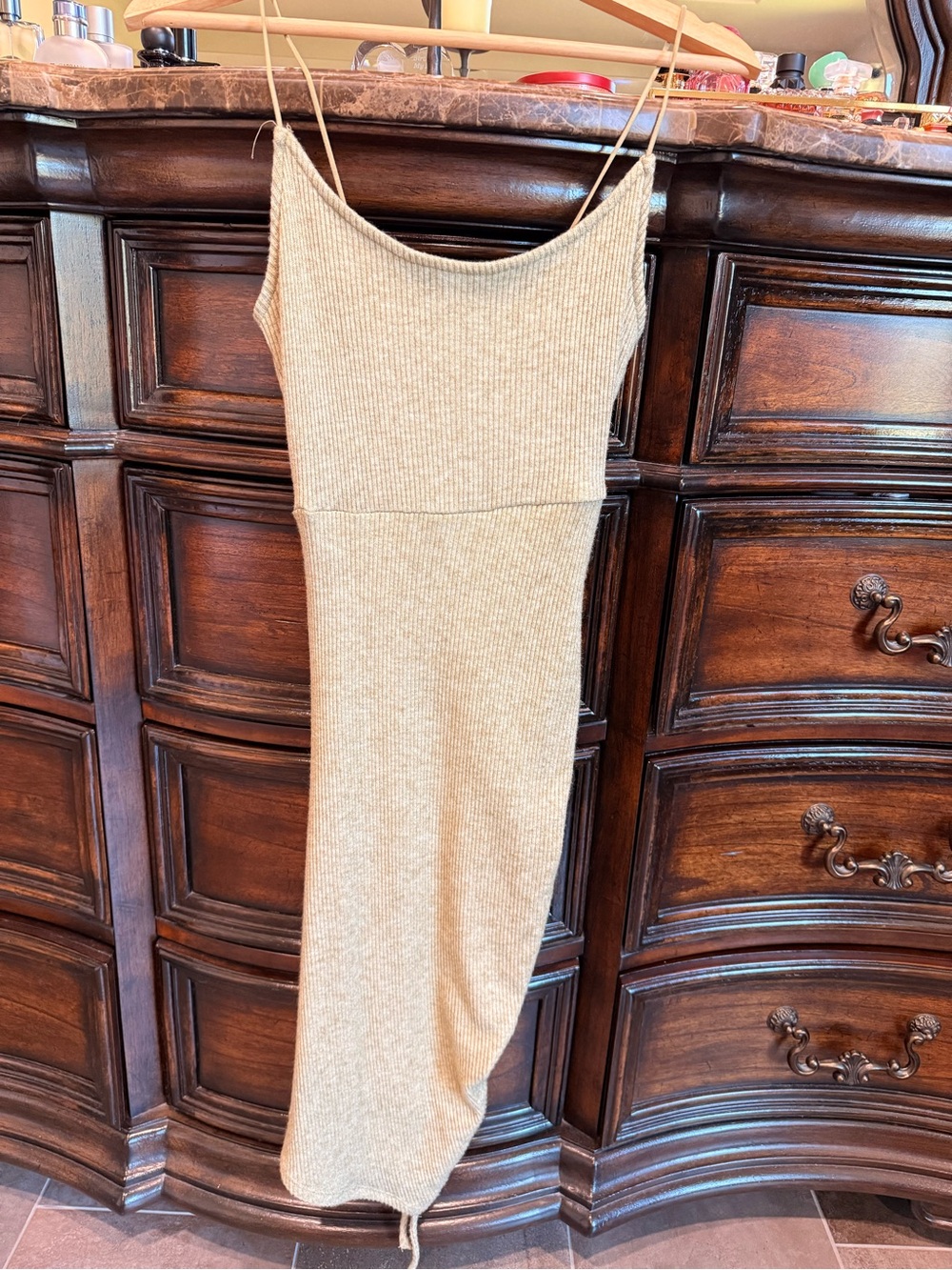 Spaghetti Strap Ribbed Knit Slip Dress in Beige